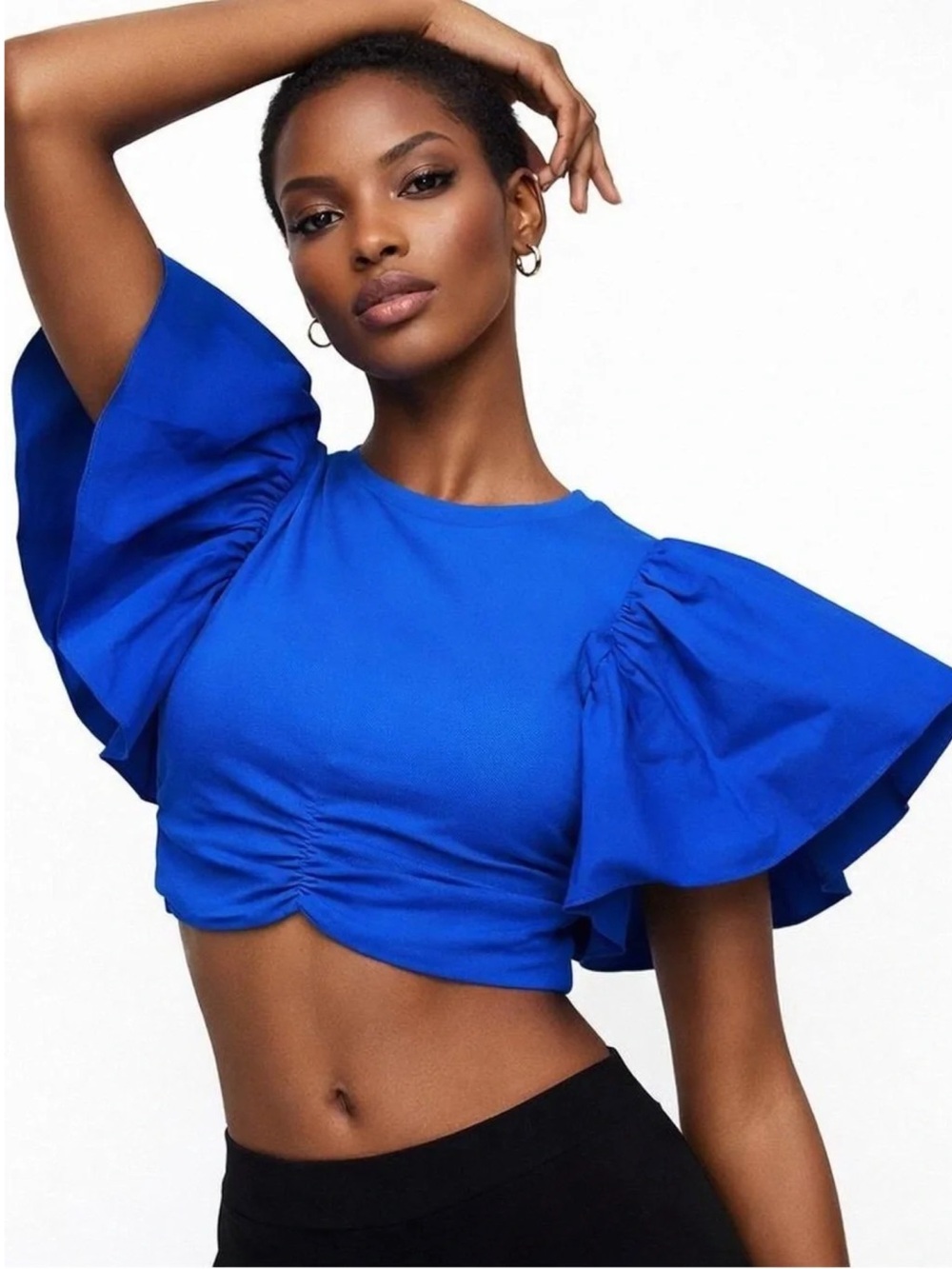 ZARA Cobalt Blue Statement Sleeve Crop Top Size S NWT Chic Effortless Summer